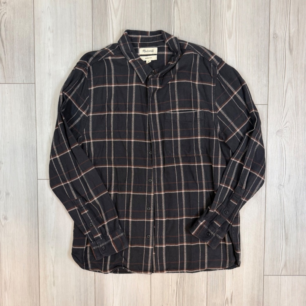 Madewell Mens Perfect Fit Plaid Flannel Shirt Navy Brown NB428 Size Large